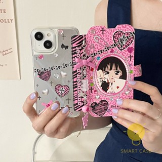 For เคสไอโฟน 14 Pro Max [Flip Mirror Cool Girl] เคส Phone Case For iPhone 14 Pro Max Plus 13 12 Mini 11 For เคสไอโฟน11 Ins Korean Style Retro Classic Couple Shockproof Protective TPU Cover Shell