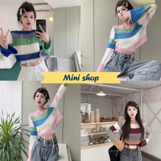 Mini shop🌸พร้อมส่ง🌸 (6588+6588-1) เซ็ต เสื้อครอปสั้นไหมพรม+เสื้อคล้องคอไหมพรม ดีเทลลายทาง  -C