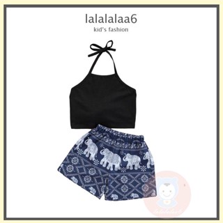 Laa6- เสื้อเชิ้ตผูกโบว์ และกางเกง ทรงหลวม พิมพ์ลาย สไตล์เรโทร แฟชั่นฤดูร้อน สําหรับเด็กผู้หญิง