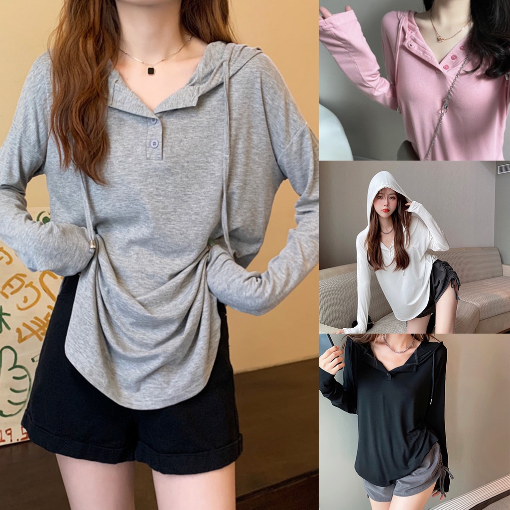 mimi&didi#เสื้อยืดแขนยาวมีฮู้ดผู้หญิง เสื้อเชิ้ตกันแดดคอกลมกระดุมหลายเม็ด คาร์ดิแกนระบายอากาศบางผิดปกติด้านบนหลวม #2422