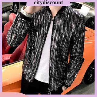 &lt;citydiscount&gt; เสื้อแจ็กเก็ต แขนยาว มีซิป ประดับเลื่อม แวววาว เข้ารูป เหมาะกับไนท์คลับ สําหรับผู้ชาย