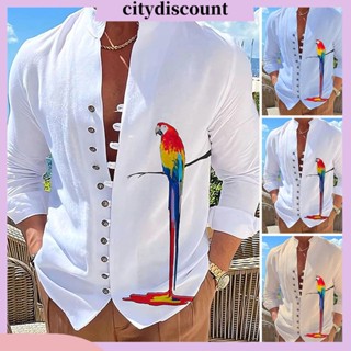 &lt;citydiscount&gt; เสื้อเชิ้ตแขนยาวลําลอง คอปก พิมพ์ลายนกแก้ว ระบายอากาศ กระดุมแถวเดียว เหมาะกับฤดูใบไม้ร่วง สําหรับผู้ชาย