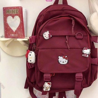 SANRIO ใหม่ กระเป๋าเป้สะพายหลัง กระเป๋านักเรียน ผ้ากํามะหยี่ขนนิ่ม ลาย Hello Kitty สีดํา สําหรับเด็กนักเรียนผู้หญิง Y2k