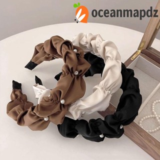 OCEANMAPDZ ที่คาดผม ผ้าซาติน ประดับไข่มุก แบบพับได้ หรูหรา สีพื้น สําหรับผู้หญิง