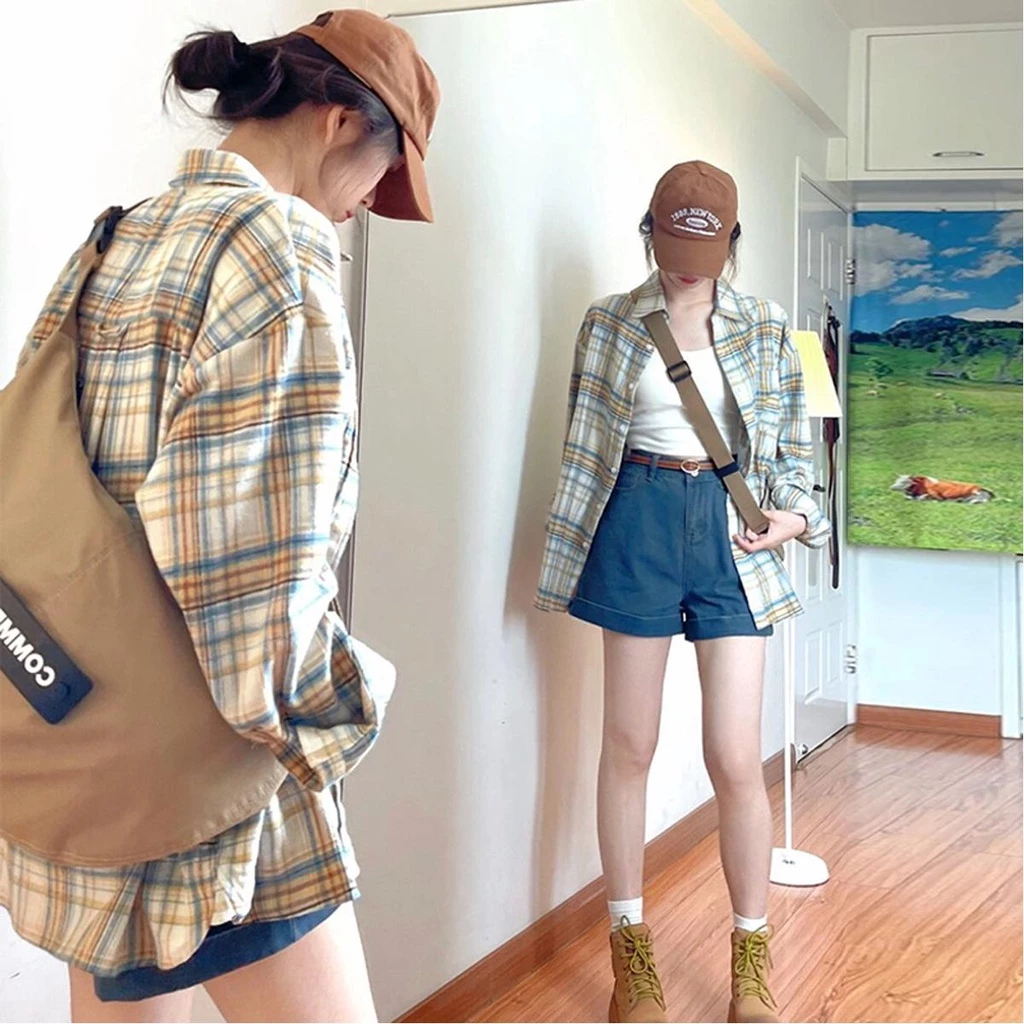 Lune_Grace เสื้อเชิ้ตแขนยาว กระดุมหน้า ลายสก็อต เนื้อผ้าคอตตอนสไตล์เกาหลี W235