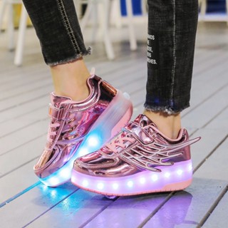 พร้อมส่ง รองเท้าผ้าใบ รองเท้าโรลเลอร์สเก็ต หนัง มีไฟ LED เรืองแสง ชาร์จไฟได้ สองล้อ สําหรับเด็ก ผู้ปกครอง และเด็ก ไซซ์ 28-40