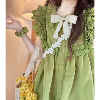ชุดเดรสกระโปรงสั้น เอวสูง แขนพอง ปักลายลูกไม้น่ารัก สีขาว สีเขียว สําหรับสตรี OA8Q