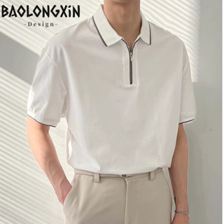 BAOLONGXIN เสื้อโปโลผู้ชายฤดูใบไม้ผลิและฤดูร้อน 2023 ใหม่ที่เรียบง่ายหลวมแขนสั้นธุรกิจแสงสีทึบปกเสื้อยืดด้านบน