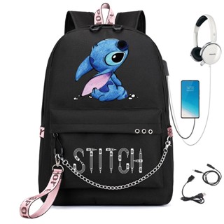 กระเป๋าเป้สะพายหลัง กระเป๋าใส่แล็ปท็อป ลายการ์ตูน Stitch พร้อมพอร์ตชาร์จ USB ขนาดใหญ่ สําหรับผู้ชาย และผู้หญิง