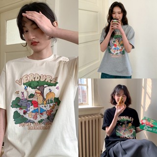 👚Konw👚เสื้อยืดแขนสั้นคอกลมลายการ์ตูนน่ารักสีขาวลายเกาหลีเสื้อ แต่งงาน 2418