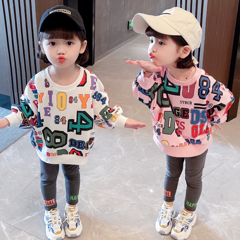 [ML] เสื้อกันหนาว แขนยาว พิมพ์ลายตัวอักษร ทรงหลวม สไตล์เกาหลี ตะวันตก เหมาะกับฤดูใบไม้ผลิ สําหรับเด็กผู้หญิง 90-140 ซม.