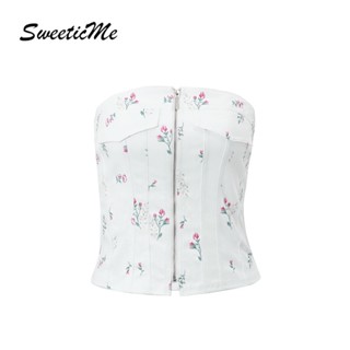 Sweeticme ใหม่ เสื้อท็อปลําลอง มีซิป พิมพ์ลายดอกไม้ แฟชั่นสําหรับสตรี 2023