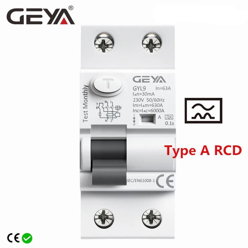 Geya GYL9 ประเภท A RCD แม่เหล็กไฟฟ้า Residual Current Circuit Breaker AC ELCB 2 เสา 40A 63A 30mA 100mA 300mA RCCB