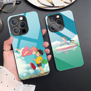 เคสโทรศัพท์มือถือกระจกนิรภัย แบบแข็ง ป้องกันกล้อง ลาย Ponyo on the Cliff สําหรับ iPhone 14 13 Pro Max 12 11 XR X Xs 7 8 Plus