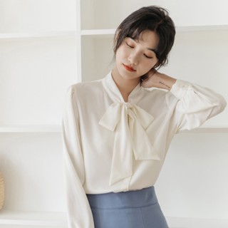 เสื้อเชิ้ตแขนยาว คอปกตั้ง ประดับโบว์ สไตล์ทางการ สําหรับผู้หญิง