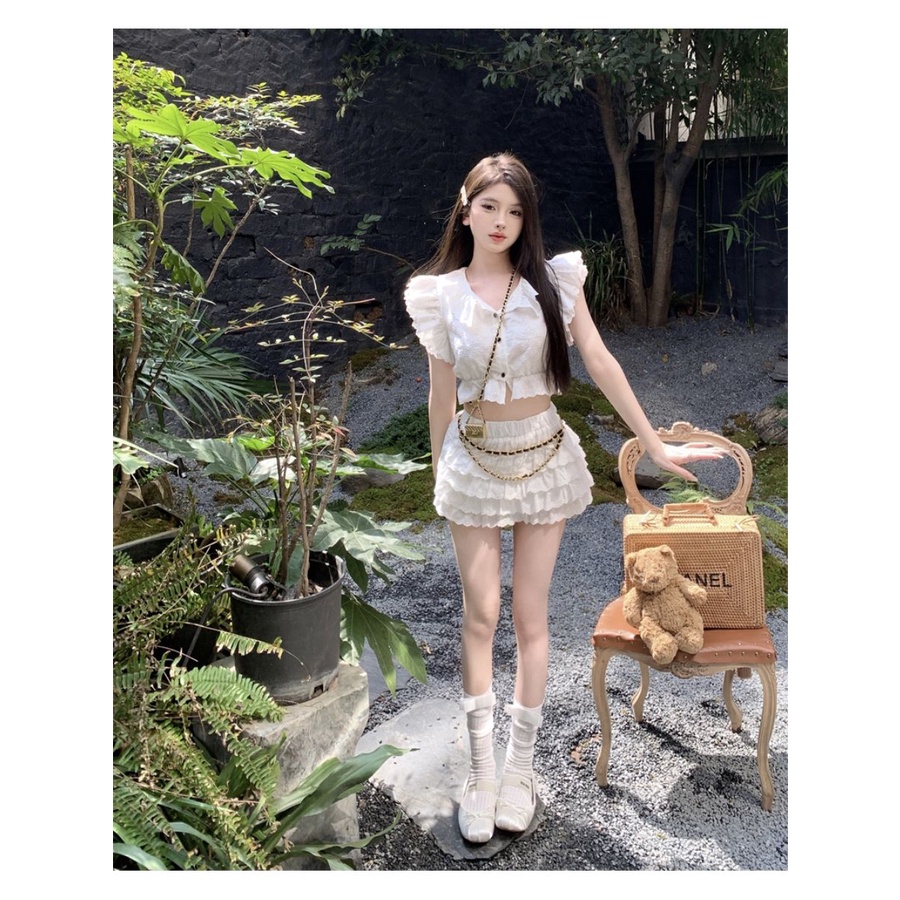 เสื้อเชิ้ตกระโปรงสั้น ฉลุลาย สีขาว เหมาะกับฤดูร้อน สําหรับสตรี สองชิ้น IWDT