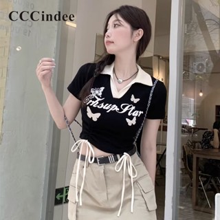 Cccindee เสื้อโปโลแขนสั้น คอโปโล พิมพ์ลาย สไตล์เรโทร แฟชั่นสําหรับผู้หญิง 2023