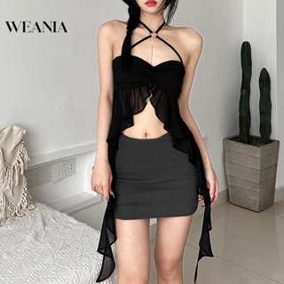 Weania ผู้หญิง สีพื้น สตรีท แฟชั่น สไตล์ สลิมฟิต คล้องคอ เสื้อกล้าม