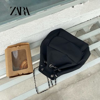 Zara กระเป๋าเป้สะพายหลัง ผ้าไหม แบบผูกเชือก สีดํา เรียบง่าย สําหรับผู้หญิง