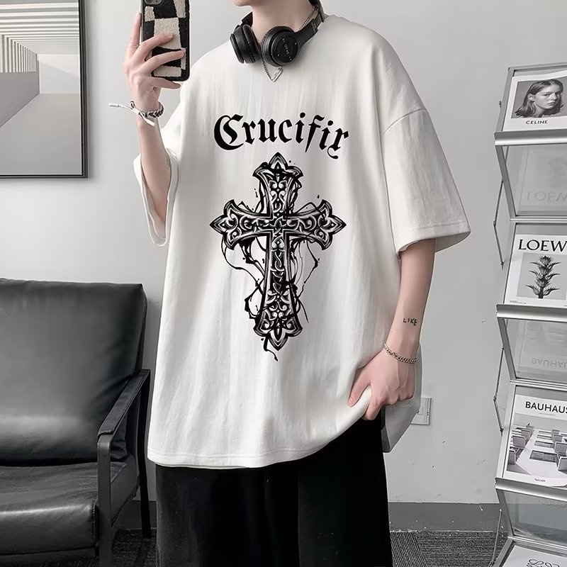 เสื้อยืดลําลอง แขนสั้น คอกลม พิมพ์ลายไม้กางเขน โอเวอร์ไซซ์ สไตล์เรโทร แฟชั่นฤดูร้อน สําหรับผู้ชาย ไซซ์ M - 8XL