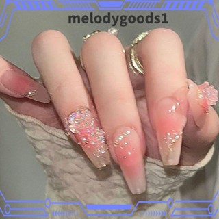 Melodygoods1 เล็บปลอม คริสตัล สีชมพู 24 ชิ้น