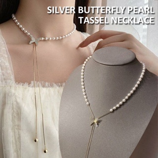 New 925 Silver Butterfly Pearl Tassel Necklace Adjustable Chain Women Jewelry