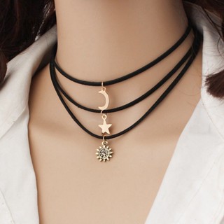 3 ชิ้น / เซต ดาว ดวงจันทร์ ดวงอาทิตย์ จี้ หลายชั้น ครอป สร้อยคอ เสื้อกันหนาว สําหรับผู้หญิง