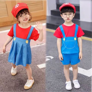 【Uhome】ชุดเสื้อเชิ้ตมาริโอ้ กางเกงขาสั้น คอสเพลย์ ลาย Brother and Sister Family Matching Clothing Nintendo Games Mario Birthday Theme สําหรับปาร์ตี้ฮาโลวีน คริสต์มาส
