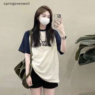 [springevenwell] เสื้อยืดลําลอง แขนสั้น คอกลม พิมพ์ลายตัวอักษร ทรงหลวม แฟชั่นฤดูร้อน สําหรับสตรี