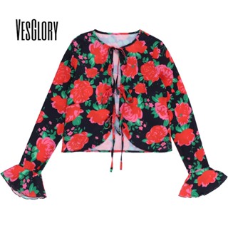 Vesglory เสื้อครอปท็อปลําลอง แขนยาว คอกลม ทรงสลิมฟิต พิมพ์ลาย สีตัดกัน แฟชั่นสําหรับสตรี 2023