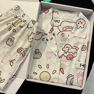 SANRIO ใหม่ ชุดนอนเสื้อแขนสั้น กางเกงขาสั้น ลายการ์ตูน Hello Kitty น่ารัก แฟชั่นฤดูร้อน สําหรับผู้หญิง นักเรียน 2023