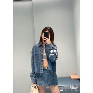 86WR MIU MIU 2023 girls style washed old pocket embroidered letter denim coat high waist skirt suit