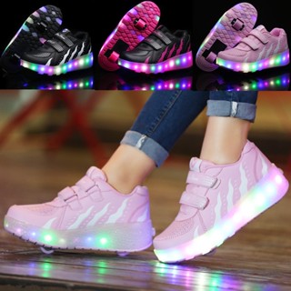 พร้อมส่ง รองเท้าผ้าใบ รองเท้าสเก็ต รองเท้าโรลเลอร์สเก็ต แบบสองล้อ มีไฟกระพริบ LED ขนาดใหญ่ ชาร์จไฟได้ สําหรับเด็ก และผู้ใหญ่