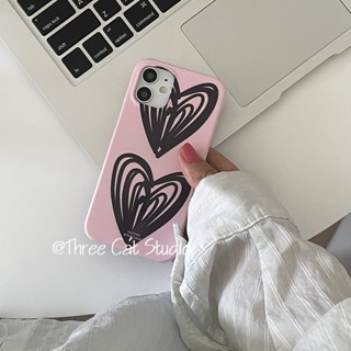 เคสโทรศัพท์มือถือ PC แบบแข็ง ลายกราฟฟิตี้หัวใจ สีชมพู สีดํา สไตล์เกาหลี สําหรับ 14pro 13promax 13 12 11 xsmax xr