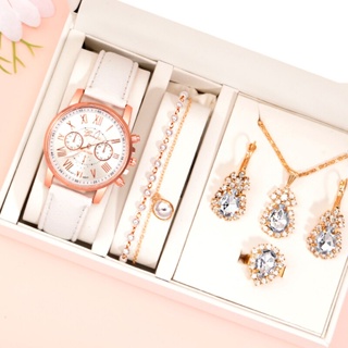 6PCS Women Watch Set with Necklace Earrings and Bracelet  Business Fashion Ladies Simple White Leather Strap Quartz Watch
