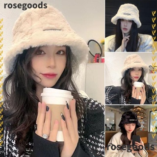 Rosegoods1 หมวกบักเก็ต หมวกชาวประมง หนา ตุ๊กตาเทียม สีพื้น ฤดูหนาว