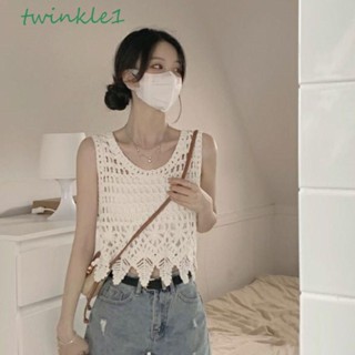 Twinkle1 เสื้อครอปท็อป แขนกุด ผ้าถักโครเชต์ ลายดอกไม้ สไตล์เกาหลี โบฮีเมียน หวานแหวว ฤดูร้อน