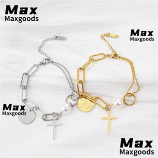 Maxg สร้อยข้อมือมุก พังก์ ผู้หญิง สเตนเลส เลเยอร์ โกธิค ภาพบุคคล