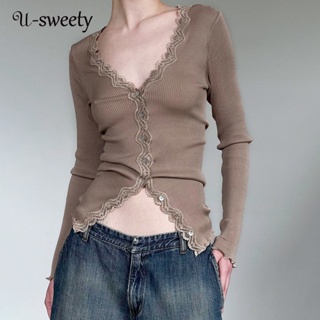 U-sweety เสื้อยืดลําลอง แขนยาว คอวี เข้ารูป สีพื้น สําหรับสตรี 2023