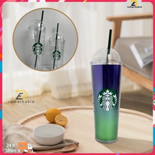 สต็อกพร้อม 710ml /473ml Double Layer Arch Cap Suction Cup Transparent Starbucks Reusable Plastic Cup Drink Straw Cup