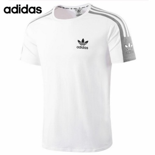 Adidas เสื้อยืด คอกลม แขนห้าส่วน ผ้าฝ้ายแท้ 100% พิมพ์ลายทาง สไตล์คลาสสิก สําหรับผู้ชาย