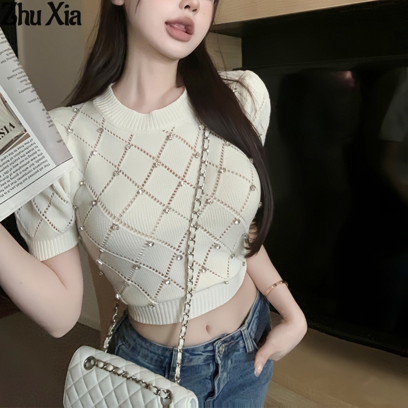 Zhu Xia เสื้อกันหนาว แขนสั้น ผ้าถัก เซ็กซี่ สไตล์เกาหลี สําหรับผู้หญิง
