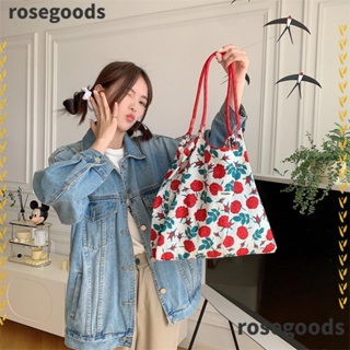 Rosegoods1 กระเป๋าช้อปปิ้ง กระเป๋าสะพายไหล่ ผ้าฝ้าย ผ้าแคนวาส พิมพ์ลายดอกไม้ จุของได้เยอะ ใช้ซ้ําได้ แฟชั่นสําหรับผู้หญิง