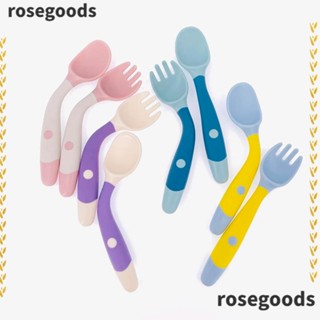 Rosegoods1 ชุดช้อนส้อม ส้อม ซิลิโคนนุ่ม ช้อนส้อม เพื่อความปลอดภัย เครื่องมือเสริมอาหาร พร้อมกล่อง ช้อนส้อม เด็กวัยหัดเดิน ฝึกป้อนอาหาร