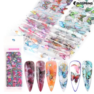 Flospring สติกเกอร์ลายน้ํา ผีเสื้อ หลากสี สําหรับตกแต่งเล็บ DIY 10 ชิ้น ต่อถุง