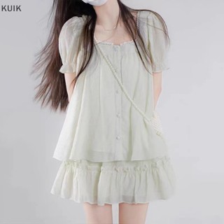 Kuik ชุดเสื้อแขนสั้น กระโปรงสั้น แบบบาง สีเขียวอ่อน สําหรับผู้หญิง