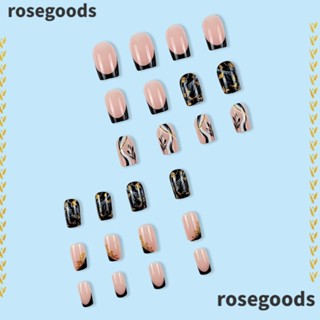 Rosegoods1 เล็บปลอม แบบเต็มรูปแบบ ความยาวปานกลาง หัวสี่เหลี่ยม ถอดออกได้ สไตล์ฝรั่งเศส สําหรับผู้หญิง