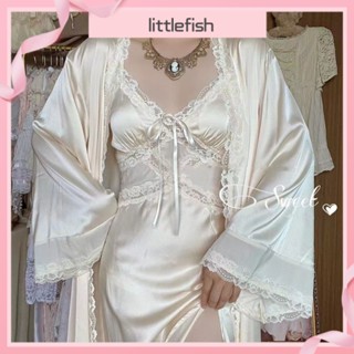 [littlefish] ชุดนอนเสื้อคลุม ผ้าเรยอน แบบนิ่ม เป็นมิตรกับผิวหนัง สไตล์ฝรั่งเศสเรโทร 
ชุดนอน ผ่าข้าง หรูหรา สําหรับบ้าน