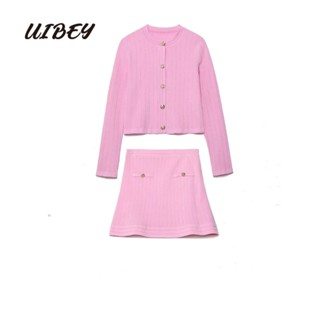 Uibey เสื้อโค้ทถักแฟชั่น แขนยาว คอกลม + กระโปรงยาวครึ่งหนึ่ง 2898