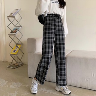 967 Plaid long trousers womens spring and autumn ins fall feeling straight tube high waist slim and small wide-leg pant